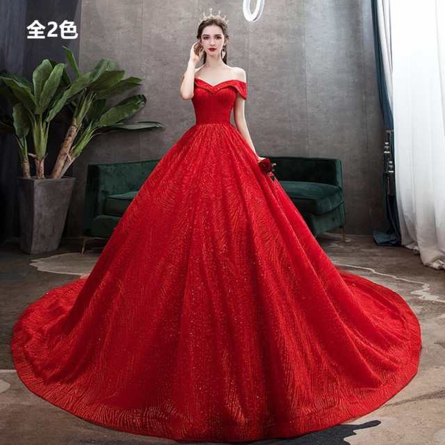 赤 ウェディングドレス カラードレス 体型カバー オフショルダー ...