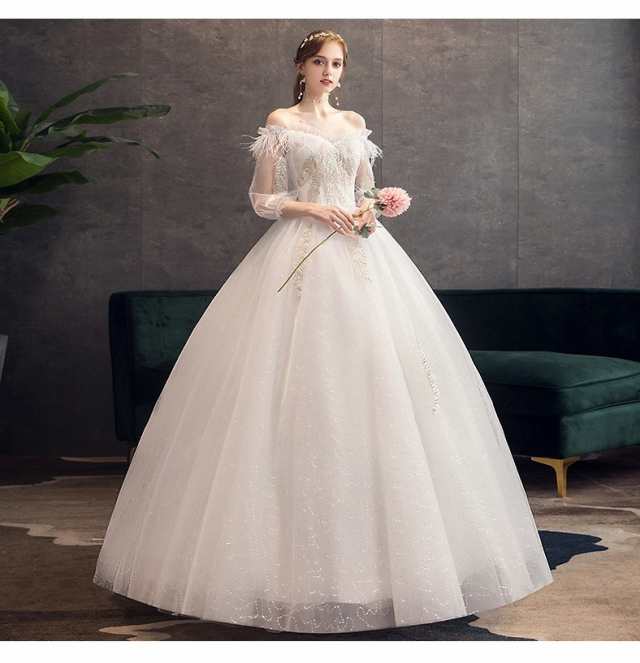 プリンセス ウェディングドレス Aライン オフショルダー 袖あり 白 大きいサイズ オーダーサイズ可 結婚式 パニエ グローブ ベール付H064