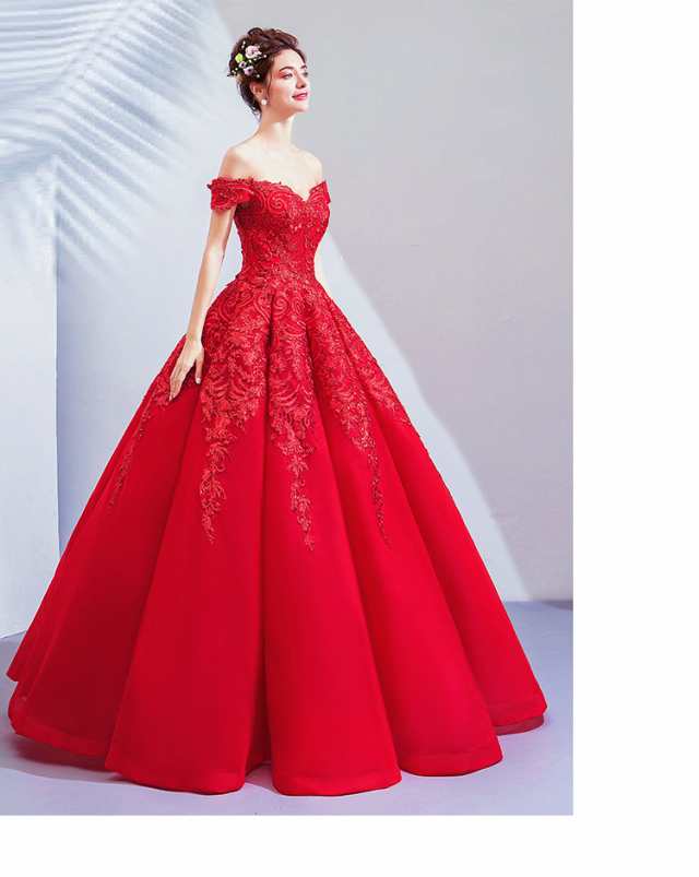 赤 ウェディングドレス カラードレス パーティドレス Aライン オフ