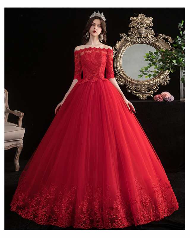 レッド色♥ゴージャスパティードレス/ウェディングドレス/ロングドレス