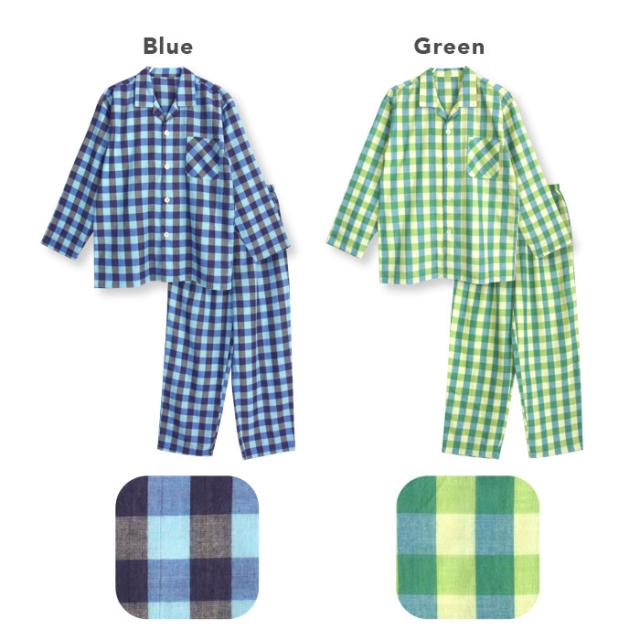 綿100 ダブルガーゼ 春 夏 長袖メンズパジャマ 先染めブロックチェック ブルー グリーン M L Ll 前開き シャツタイプ おそろいの通販はau Pay マーケット パジャマ屋さん