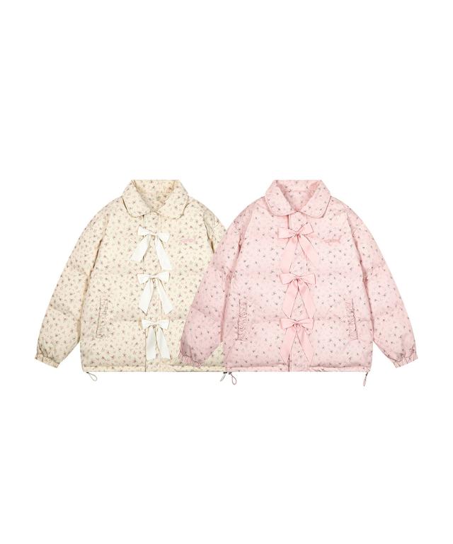 【HOOK】for　girls リボン付き中綿フードジャケット　レディース 　アウター　ふわふわ　かわいい　花柄