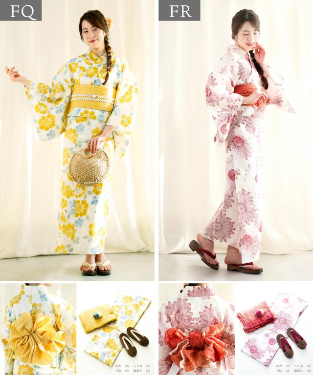 花模様コットン浴衣4点セット ゆかた・へこ帯・下駄・髪飾り