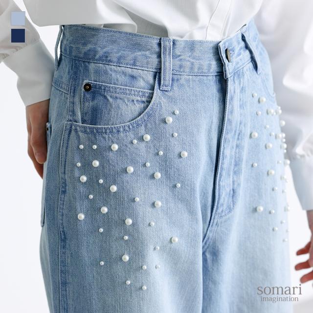 【送料無料】『フェイクパール付きストレートデニム』【メール便不可】【30】[デニム ボトムス パンツ ジーンズ 長ズボン ストレート フェイクパール コットン100％ オシャレウォーカー]