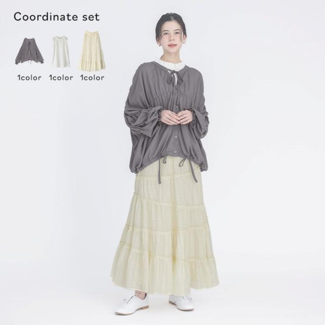 【送料無料】『シアーカットソーカーディガン×ティアードスカートコーデ3点SET』【メール便不可】【35】[3点コーデセット 2024 レディース カーディガン トップス インナー タンクトップ ボトムス ロングスカート]