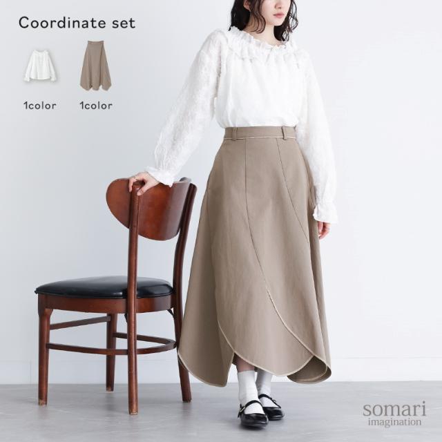 【送料無料】『チュールテープフラワー刺繍シアーブラウス×カーブ切り替えパイピングスカートコーデ2点SET』[2点コーデセット 2025 レディース ブラウス トップス シアー スカート ボトムス]【メール便不可】【30】