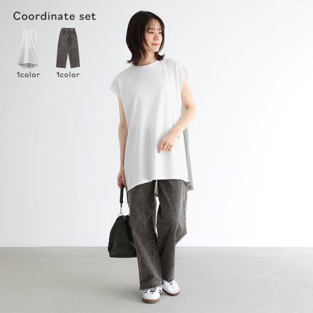 『ラメ切替フレンチスリーブプルオーバー×ストレッチストレートデニムパンツコーデ2点SET』【メール便不可】【30】[2点コーデセット 2024 レディース トップス カットソー フレンチスリーブ  ボトムス デニム]の通販は 6,695円