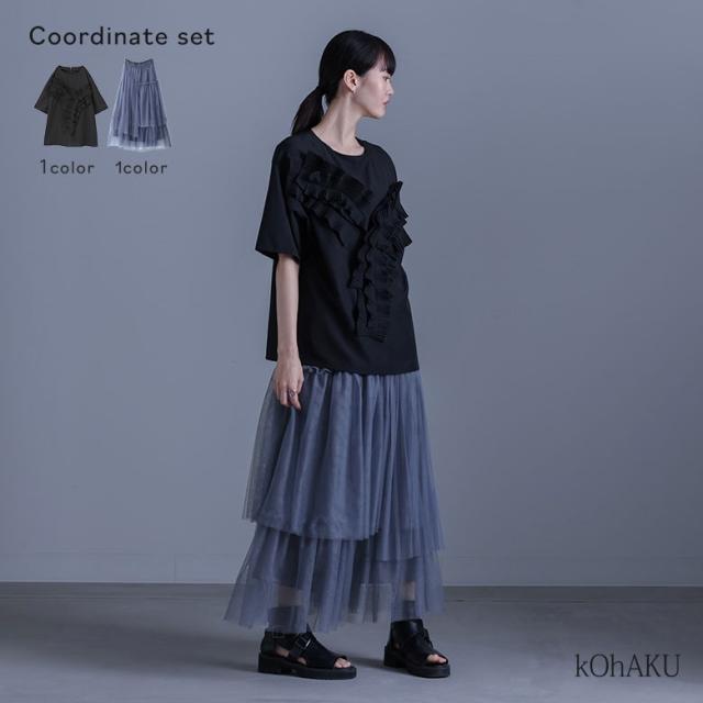 【送料無料】『プリーツドッキングブラウス×プリーツデザインチュールスカートコーデ2点SET』【メール便不可】【30】[2点コーデセット 2025 レディース ブラウス トップス シャツ 半袖 スカート プリーツスカート]