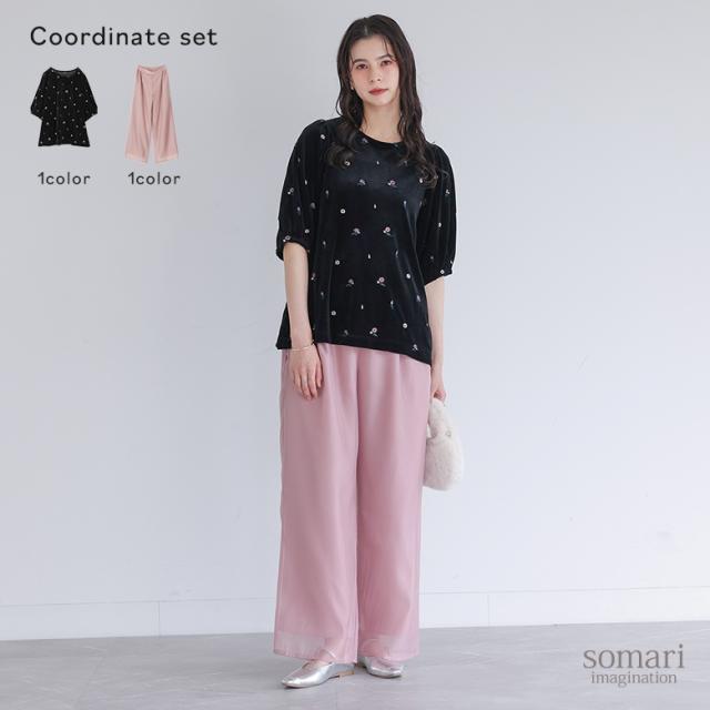 【送料無料】『花柄刺繍ベロアカットソー×オーガンジーレイヤードストレートパンツコーデ2点SET』【メール便不可】【30】[2点コーデセット 2025 レディース カットソー トップス ベロア パンツ ボトムス ロング丈]