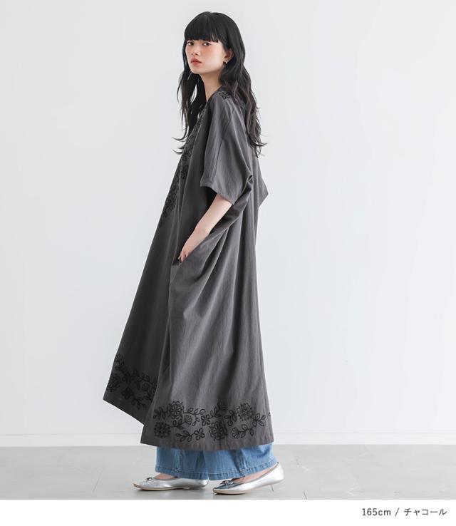 ＜夏新作＞ 『刺繍カフタンワンピース』【メール便不可】【30】[カフタンワンピース 半袖 レディース 夏 春 ドレス ロング 刺繍 花柄 綿100％ コットン100％ Vネック ゆったり 体型カバー]