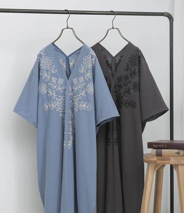 ＜夏新作＞ 『刺繍カフタンワンピース』【メール便不可】【30】[カフタンワンピース 半袖 レディース 夏 春 ドレス ロング 刺繍 花柄 綿100％ コットン100％ Vネック ゆったり 体型カバー]