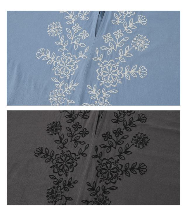 ＜夏新作＞ 『刺繍カフタンワンピース』【メール便不可】【30】[カフタンワンピース 半袖 レディース 夏 春 ドレス ロング 刺繍 花柄 綿100％ コットン100％ Vネック ゆったり 体型カバー]