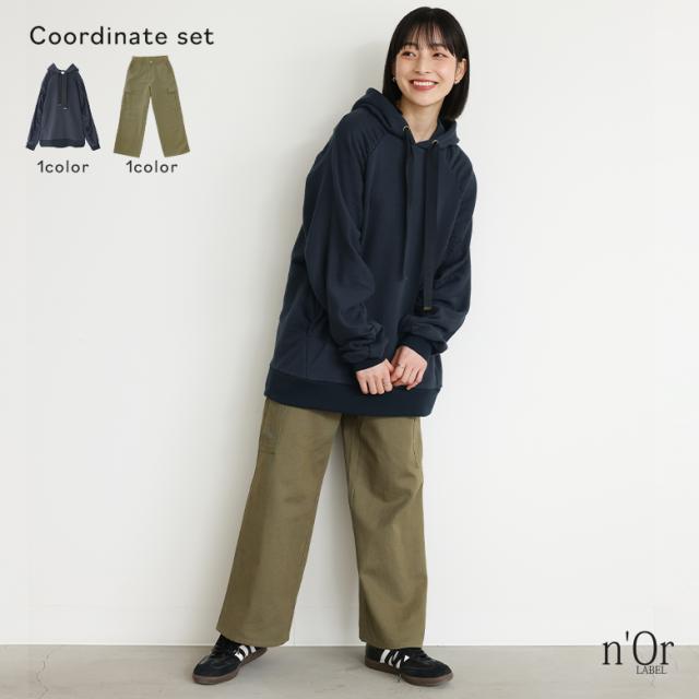 【送料無料】『袖ギャザーフードスウェット×ワイドカーゴパンツコーデ2点SET』【メール便不可】【50】[2点コーデセット 2024 レディース パーカー トップス スウェット フード ワイドパンツ カーゴパンツ ボトムス]