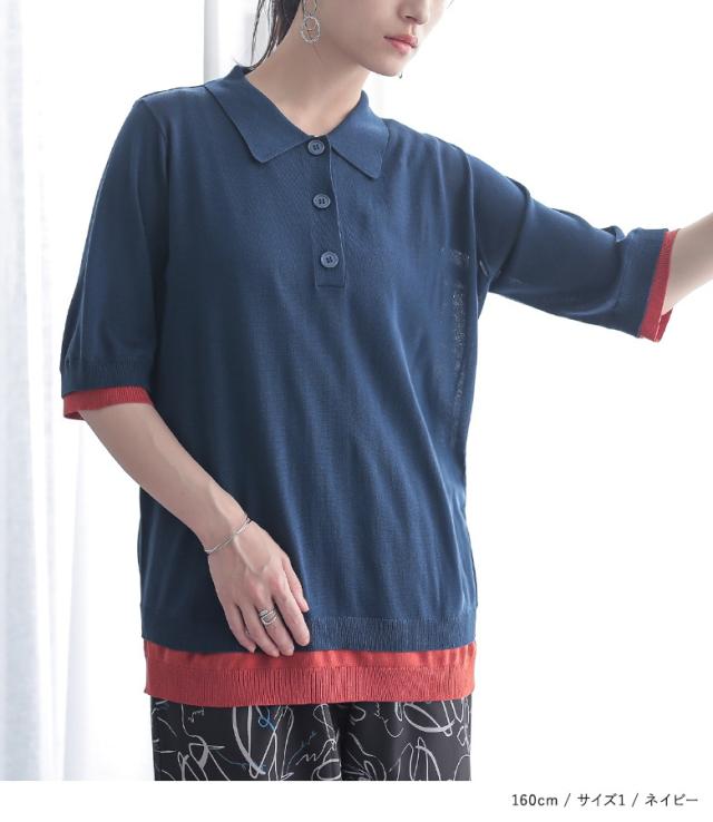 ポロニット 半袖 レディース 秋 夏 春 トップス 黒 ネイビー パープル