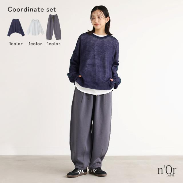 【送料無料】『シアーニット×クルーネックプルオーバー×コクーンパンツコーデ3点SET』【メール便不可】【45】[3点コーデセット 2024 レディース ニット 長袖 カットソー クルーネック ロングパンツ 裏起毛]