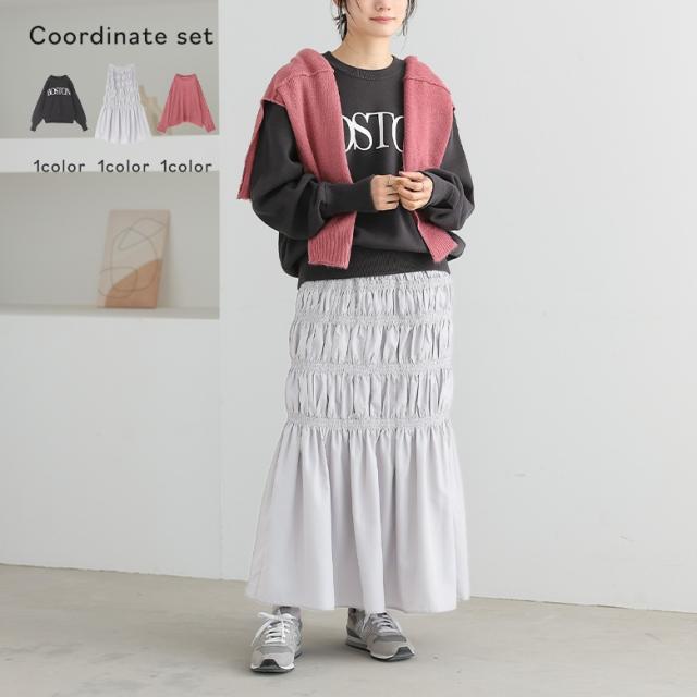 【感謝価格】【送料無料】『シャーリングデザインスカート×スウェットライクロゴニットプルオーバー×モヘヤタッチシアーニットコーデ3点SET』【メール便不可】【50】[3点コーデセット 2025 レディース スカートスウェット ニット]