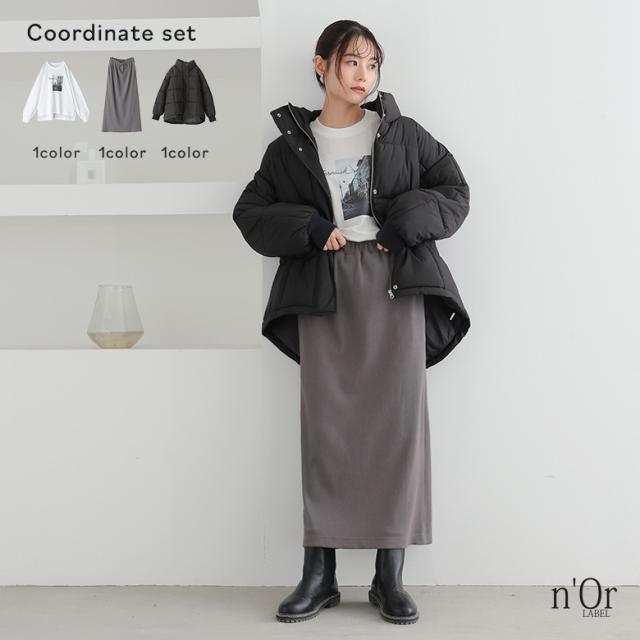 【送料無料】『リブニットソースカート×プリント刺繍ロンT×中綿ボリュームブルゾンコーデ3点SET』【メール便不可】【999】[3点コーデセット 2026 レディース スカート カットソー Tシャツ 中綿ブルゾン アウター]