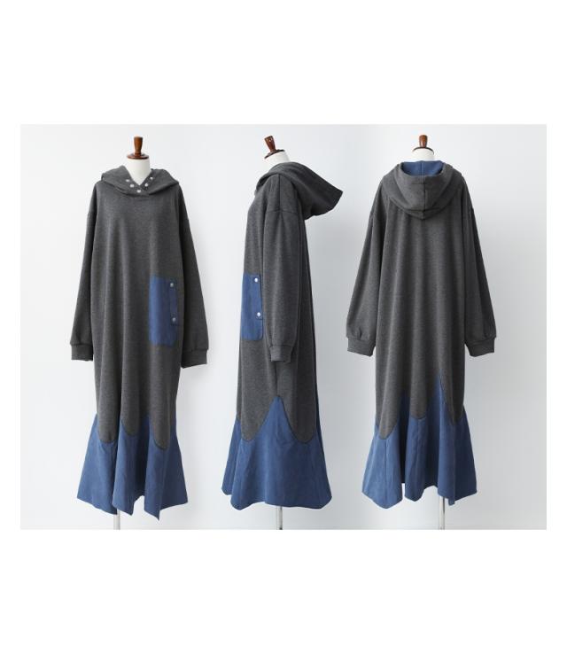 ＜冬新作＞【送料無料】『異素材切替裏シャギーワンピース』【メール便不可】【30】[ワンピース 裏シャギー あったか レディース パーカーワンピ ロング 長袖 フード付き フレア 異素材 切替 アシンメトリー 秋 冬] 秋新作＞【送料無料】『異素材切替裏シャギーワンピース』【メール便