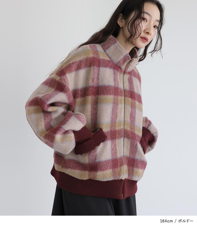 【送料無料】『起毛チェック柄ショートコート』【メール便不可】【50】[コート レディース アウター レディースコート 長袖 チェック柄 シャギー生地 ぽわん袖 オシャレウォーカー]