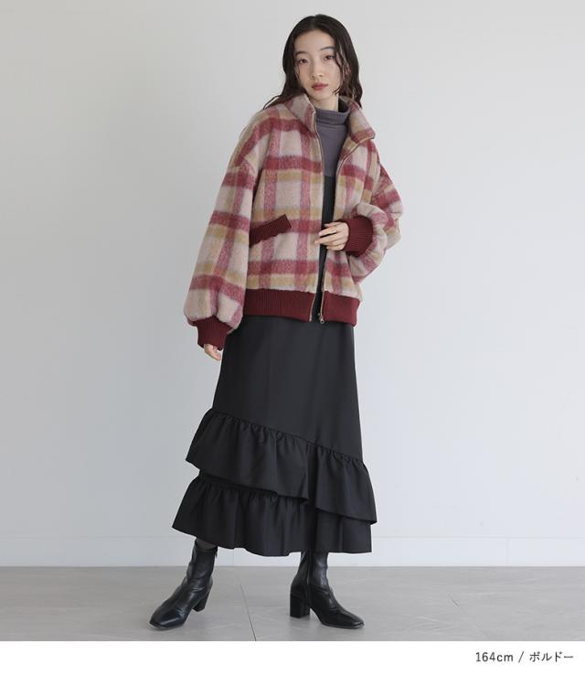 【送料無料】『起毛チェック柄ショートコート』【メール便不可】【50】[コート レディース アウター レディースコート 長袖 チェック柄 シャギー生地 ぽわん袖 オシャレウォーカー]