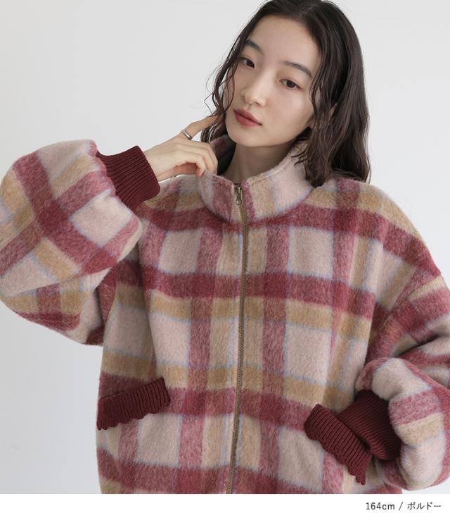 【送料無料】『起毛チェック柄ショートコート』【メール便不可】【50】[コート レディース アウター レディースコート 長袖 チェック柄 シャギー生地 ぽわん袖 オシャレウォーカー]