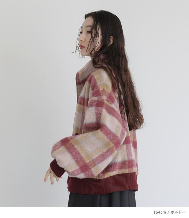 【送料無料】『起毛チェック柄ショートコート』【メール便不可】【50】[コート レディース アウター レディースコート 長袖 チェック柄 シャギー生地 ぽわん袖 オシャレウォーカー]