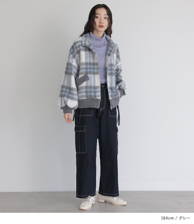 【送料無料】『起毛チェック柄ショートコート』【メール便不可】【50】[コート レディース アウター レディースコート 長袖 チェック柄 シャギー生地 ぽわん袖 オシャレウォーカー]