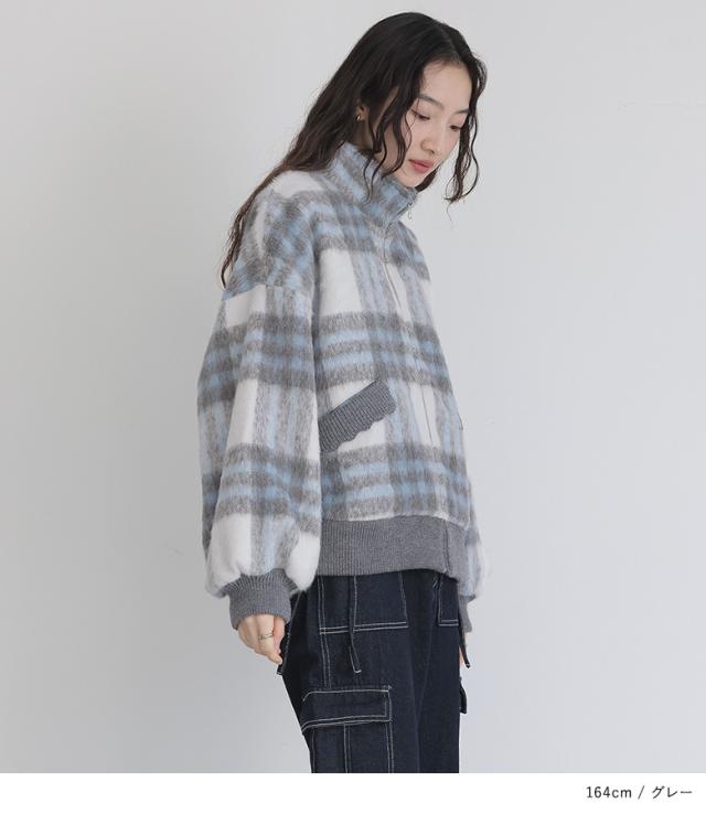 【送料無料】『起毛チェック柄ショートコート』【メール便不可】【50】[コート レディース アウター レディースコート 長袖 チェック柄 シャギー生地 ぽわん袖 オシャレウォーカー]
