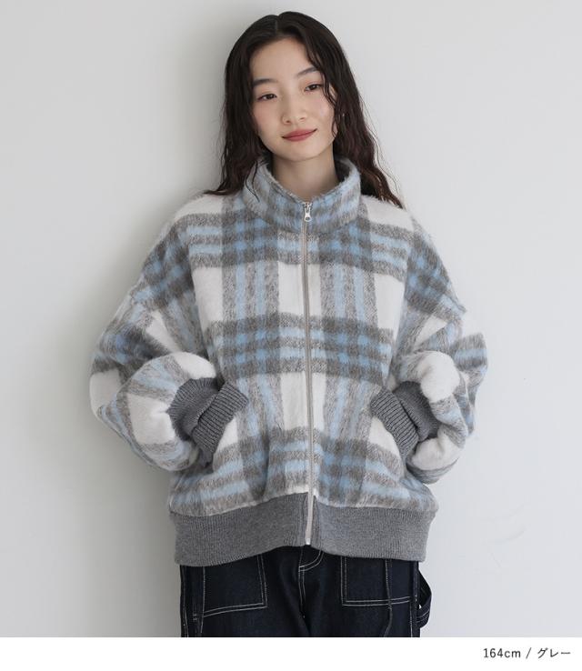 【送料無料】『起毛チェック柄ショートコート』【メール便不可】【50】[コート レディース アウター レディースコート 長袖 チェック柄 シャギー生地 ぽわん袖 オシャレウォーカー]