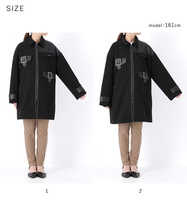 【送料無料】『異素材切替バックルコート』【メール便不可】【40】[コート レディース アウター ミドルコート ステンカラーコート ジップアップ 異素材 合成皮革 バックル 裏地付き 秋 冬]
