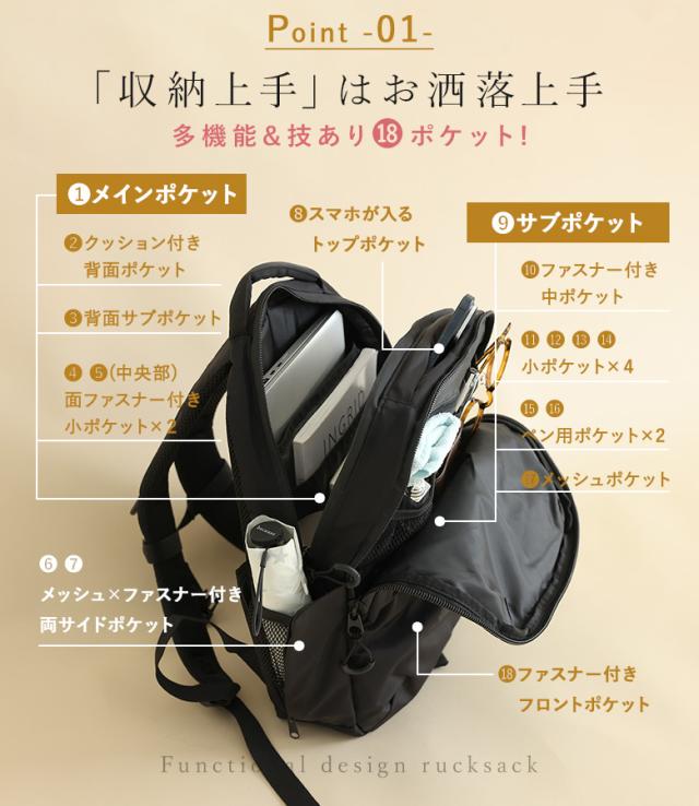 リュック レディース 春 夏 秋 冬 オールシーズン バッグ デイパック かばん 撥水 軽量 ポケット 多機能 多収納 サイドポケット A4 マザーズバッグ 旅行 通勤 通学 大容量 OUKA オウカ【メール便不可】【50】_2