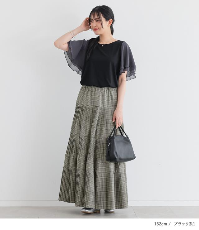 【新色登場】ロングスカート レディース ボトムス ロング丈 スカート 春 夏 秋 冬 ティアード プリーツ 黒 チェック柄 ウエストゴム 体型カバー 着痩せ hunch ハンチ オシャレウォーカー【メール便不可】【30】_7
