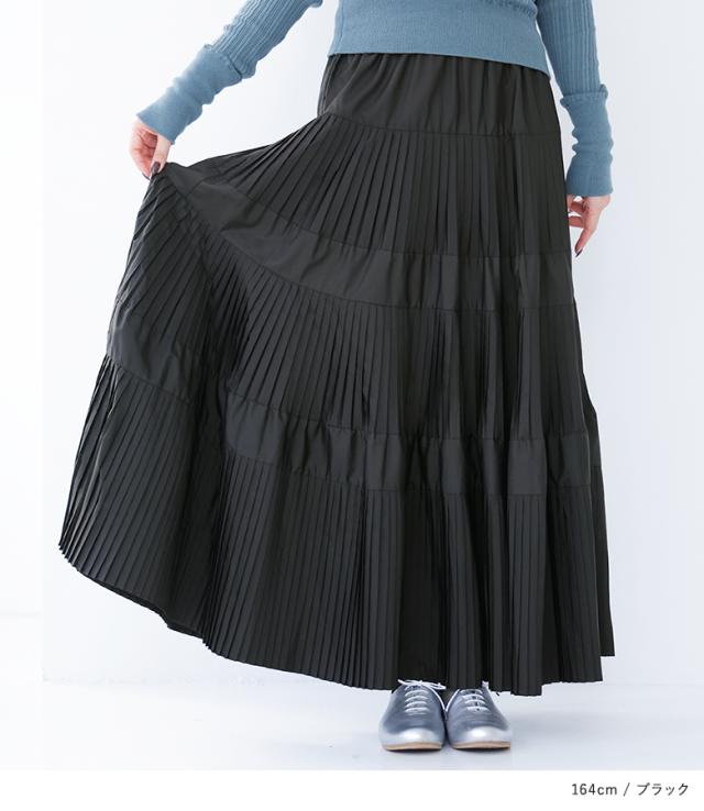 【新色登場】ロングスカート レディース ボトムス ロング丈 スカート 春 夏 秋 冬 ティアード プリーツ 黒 チェック柄 ウエストゴム 体型カバー 着痩せ hunch ハンチ オシャレウォーカー【メール便不可】【30】_9
