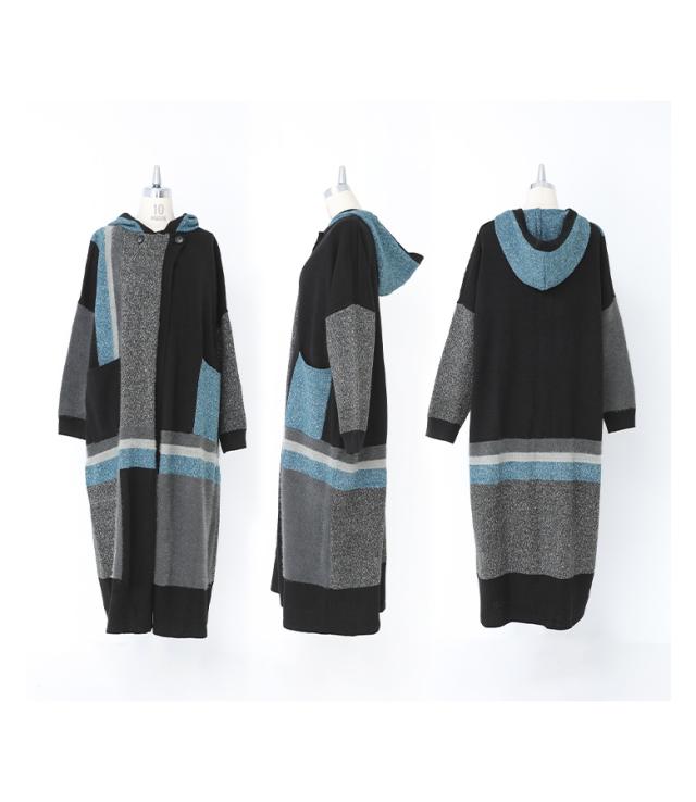 【送料無料】『kOhAKU配色フード付きロングカーディガン』 【メール便不可】【40】[ニットカーディガン レディース 秋冬 カーディガン コーディガン トップス 羽織 長袖 フード ダブルボタン 配色 切替 異素材MIX ミックスカラー hek2056] 送料無料】『kOhAKU配色フード付きロングカーディガン』 【メール便