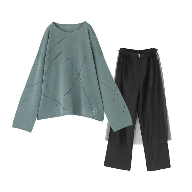 送料無料】『ランダムラインニット×巻きチュールスカート付きパンツ