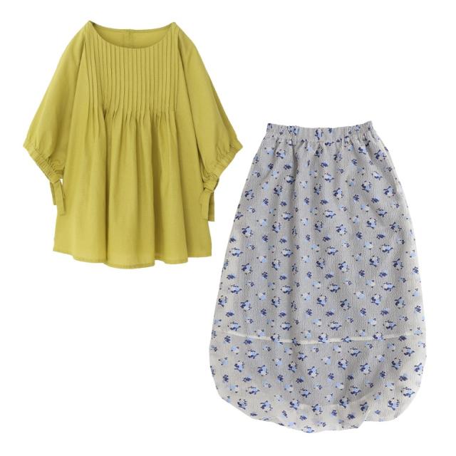 【送料無料】『リネンブラウス×花柄バルーンスカートコーデ2点SET』【メール便不可】【30】[2点コーデセット 2024 レディース ブラウス 半袖 プルオーバー ロングスカート シアー ジャカード] 送料無料】『リネンブラウス×花柄バルーンスカートコーデ2点SET