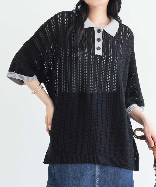 ニットポロ レディース 夏 春 トップス ライトグリーン ブラック