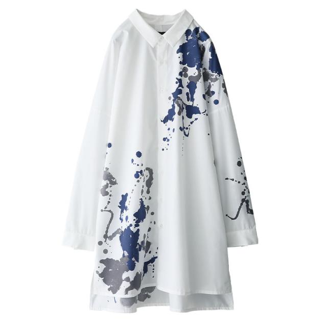 シャツ レディース ユニセックス トップス 長袖 アシンメトリー 配色 スリット コハク『kOhAKUスプラッシュペイントシャツ』「メール便可」「10」 osharewalker シャツ レディース ユニセックス トップス 長袖
