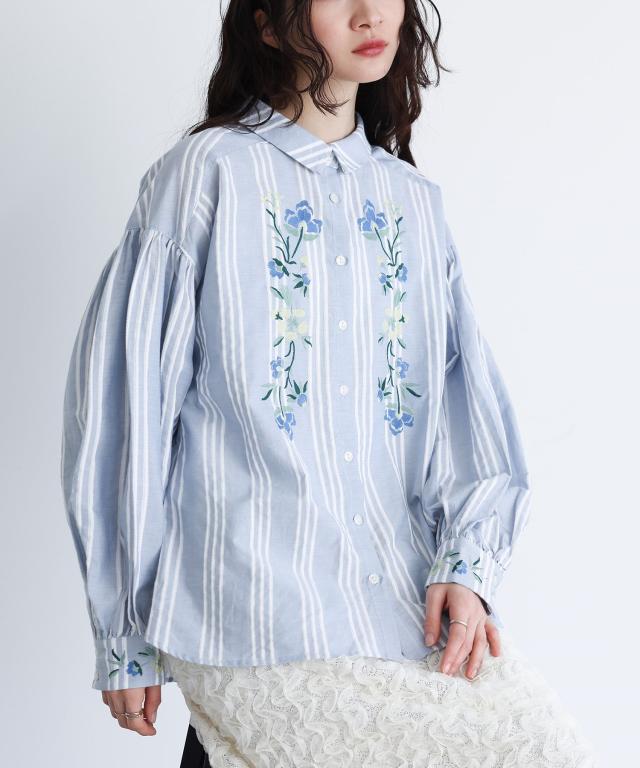 花柄刺繍ボリューム袖シャツブラウス』 【メール便不可】【20