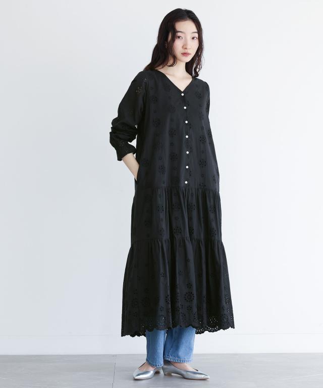 『コットンレースティアードワンピース』 【メール便不可】【20】[ ロング ワンピース レディース ティアードワンピース 長袖 Vネック レース 綿100％ スカラップレース フレア wds0152] コットンレースティアードワンピース』 【メール便不可】【20