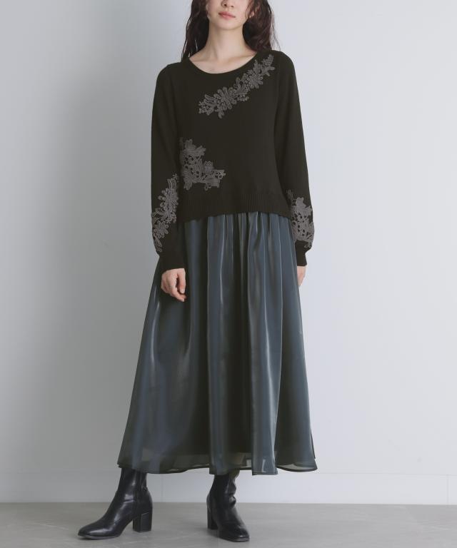 レースニット×シャイニーシアー切替ワンピース』 【メール便不可】【20