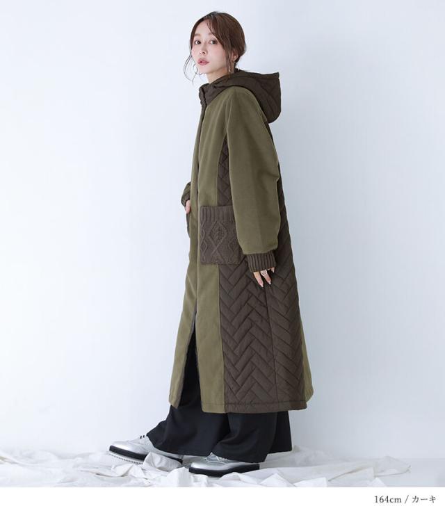 美品異素材黒レディースフードロングコートウール中綿キルティングドッキングスリット キルティングコート レディース ノーカラー ロング キルティング