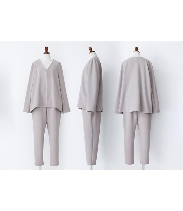 【送料無料】『ノーカラージャケット＆パンツセットアップ』【メール便不可】【30】[セットアップ レディース ジャケット 長袖 羽織 ノーカラー ボトムス テーパードパンツ ロング丈 オケージョン]の通販は