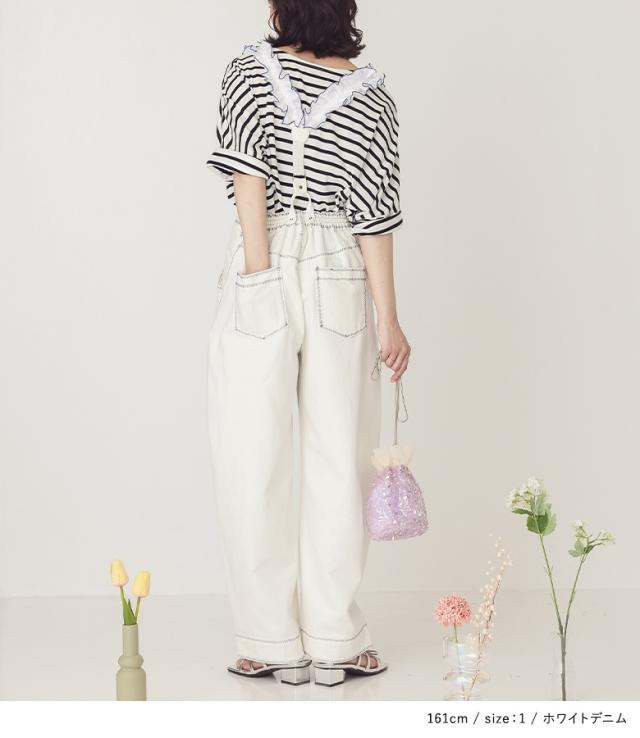 【送料無料】『フリルサスペンダー付きデニム』【メール便不可】【30】[デニム カーブデニム ボトムス ジーンズ レディース ロング丈 フリル サスペンダー ポケット 配色 ステッチ] 送料無料】『フリルサスペンダー付きデニム』【メール便不可】【30