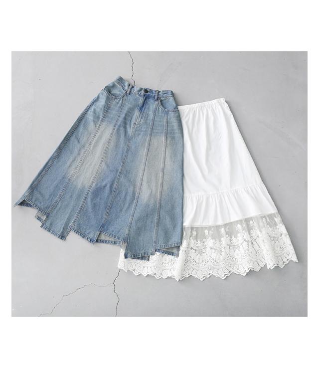 送料無料】『レースペチ付きアシメ切替デニムスカート』 【メール便