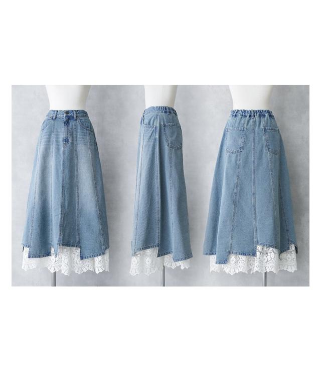 【送料無料】『レースペチ付きアシメ切替デニムスカート』 【メール便不可】【30】[デニムスカート ロング レディース ボトムス マキシ丈 レース ペチコート アシンメトリー 変形 3way shs0346] 送料無料】『レースペチ付きアシメ切替デニムスカート』 【メール便
