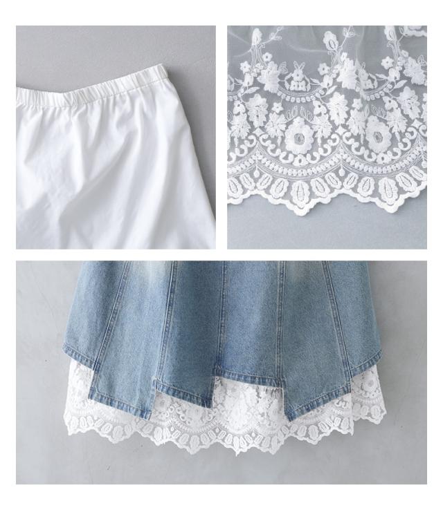 送料無料】『レースペチ付きアシメ切替デニムスカート』 【メール便