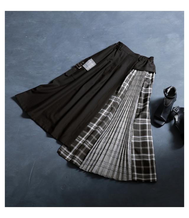 【送料無料】『異素材ドッキングフレアロングスカート』【メール便不可】【20】[スカート レディース ボトムス 春秋冬 無地 チェック柄 アシンメトリー アシメ 変形デザイン 配色 バイカラー マキシ丈 モード] 送料無料】『異素材ドッキングフレアロングスカート』【メール便不可