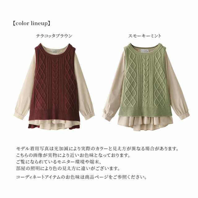 『ニットベスト×ブラウスセット』【メール便不可】【20】[ニットベスト ブラウス シャツ レディース 秋冬 トップス 長袖 ニット ベスト  2点セット レイヤード 重ね着  ペプラム パフ袖]の通販は