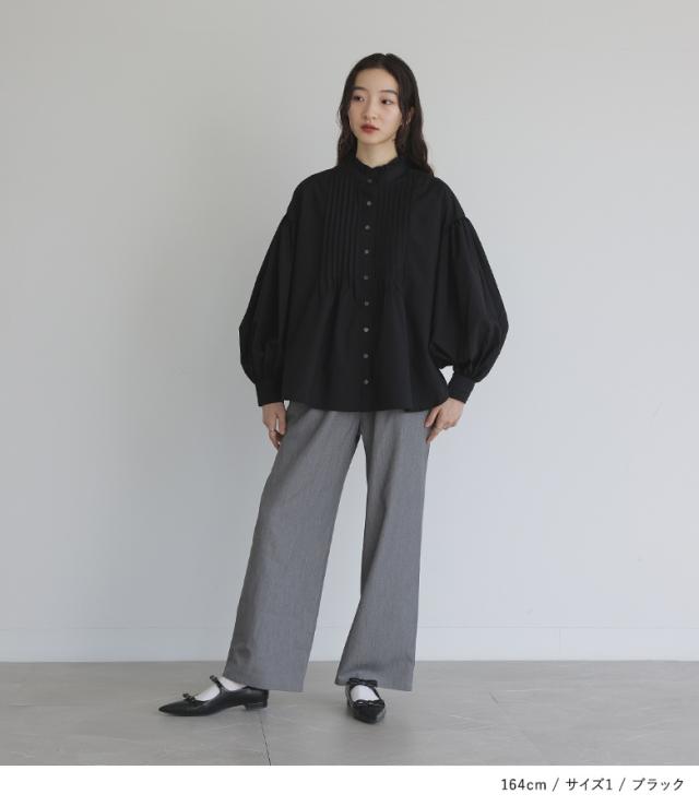 美品　ヌキテパ ブラウス へプラムデザイン ボリューム袖 白 ピンタック RASW ブラウス レディース バンドカラー ピンタック トップス